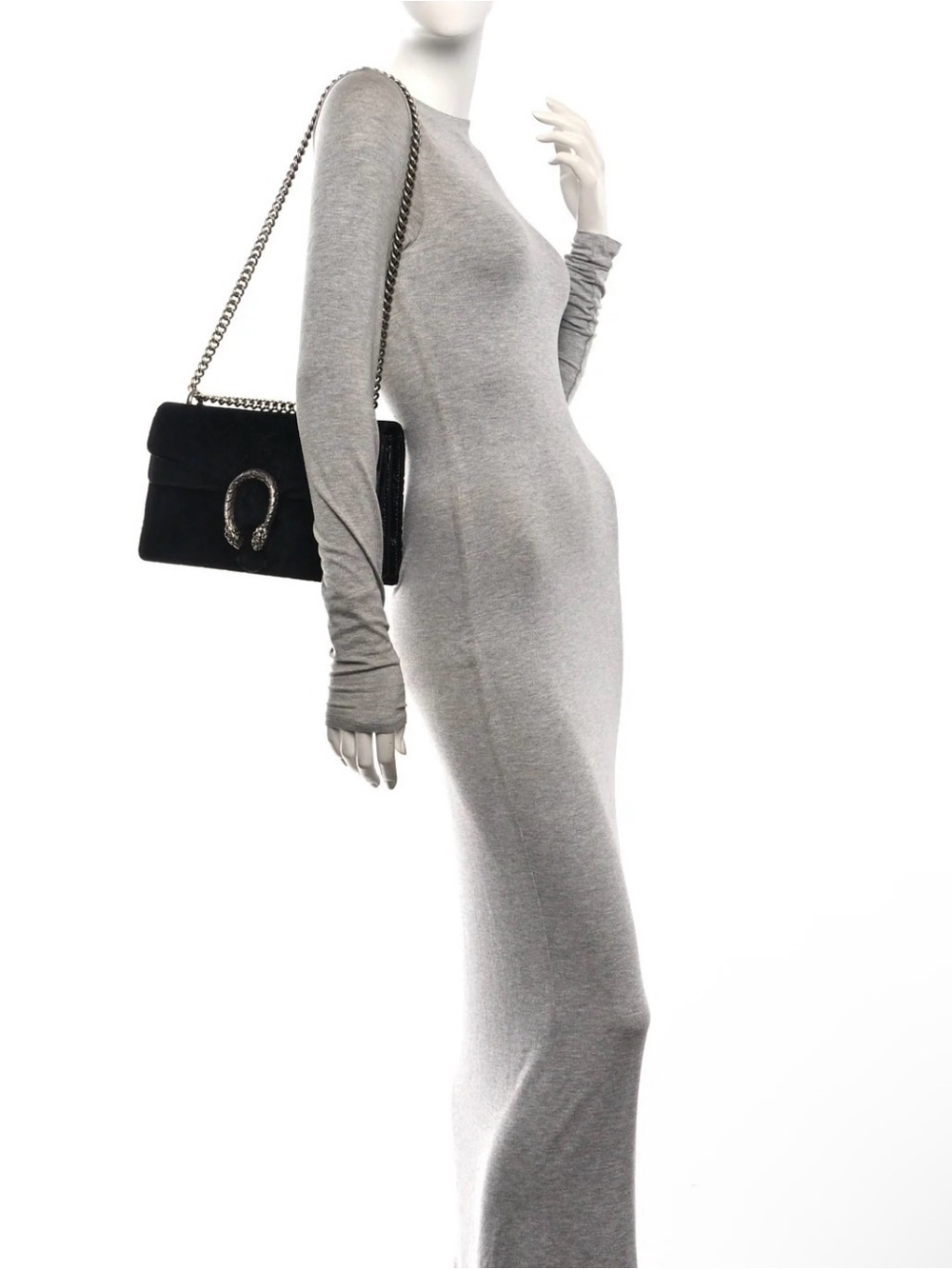 Gucci Black GG Velvet Handbag with Silver-Tone Snake Hardware